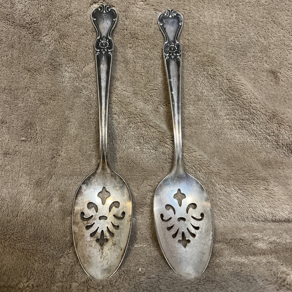 Pair (2) Old Company Plate Silverplated Serving Spoons Rose Pattern "C" Monogram